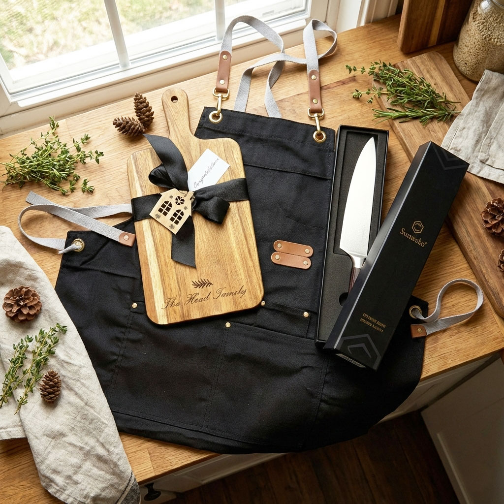 Chef in Charge gift box image, apron on countertop.
